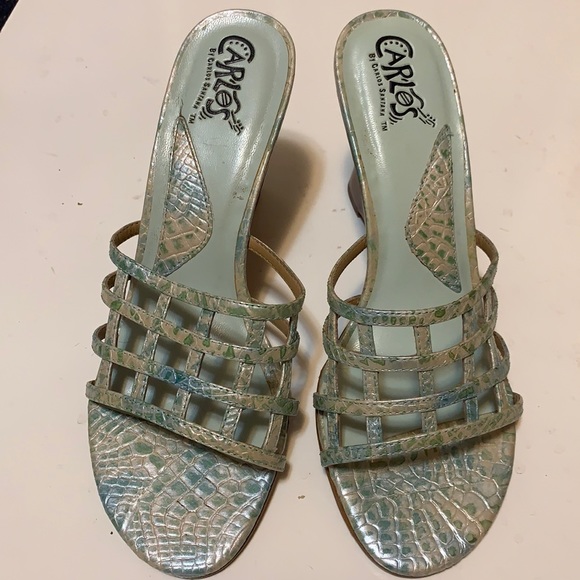 Y2K CARLOS SANTANA GREEN SNAKE CAGED SANDALS  SZ 5.5 M WEDGES LEATHER WEAVE - Picture 5 of 15